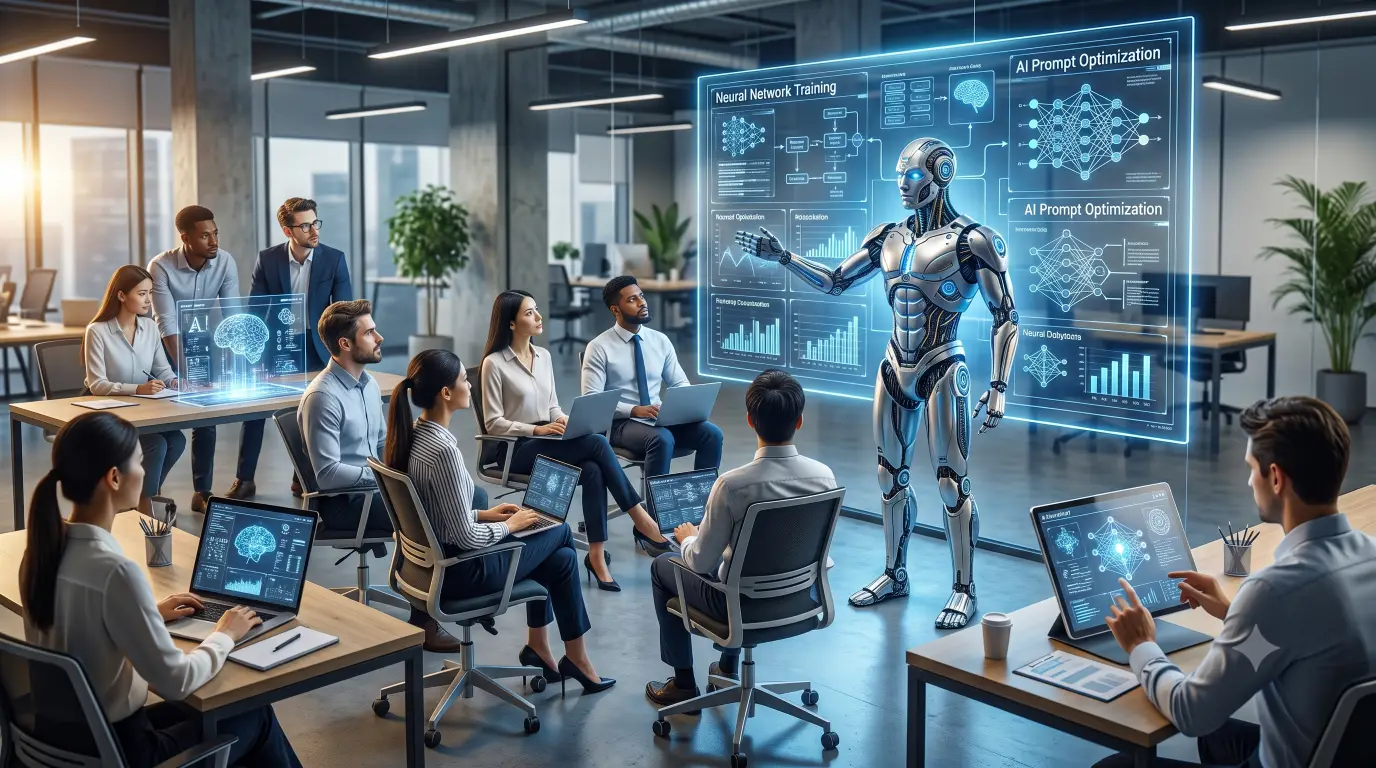 A modern corporate assembly, wherein a metallic humanoid automaton presents glowing holographic schematics detailing neural network training and prompt optimisation to an attentive audience of human professionals