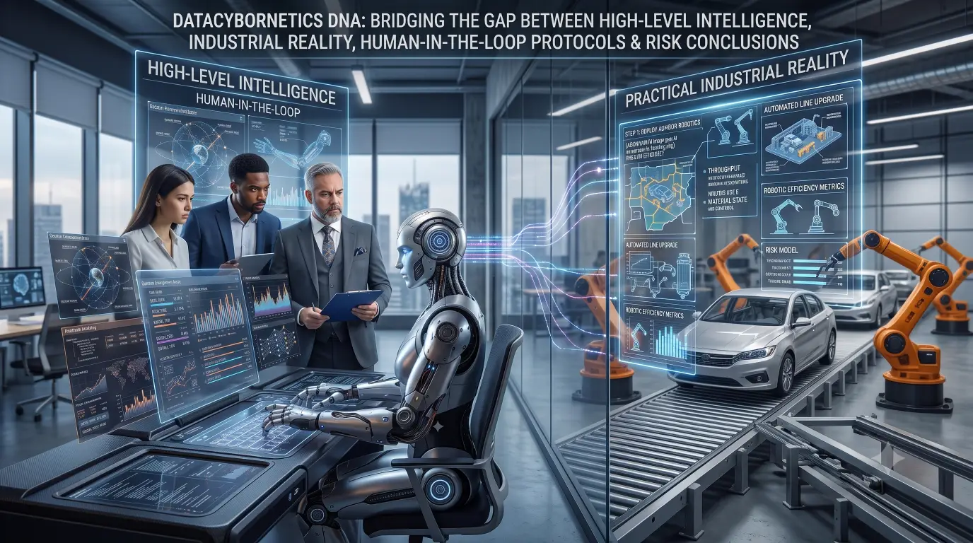An intricate operational interface depicting human oversight combined with high-level intelligence on one side, directly orchestrating practical industrial automation and robotic efficiency on an active assembly line on the other