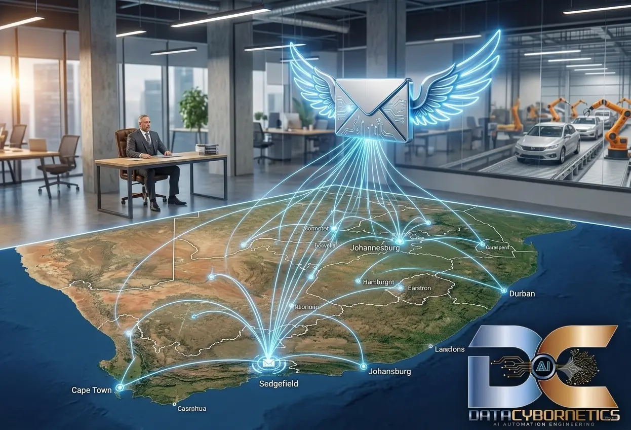 A visualization from an open-plan office where a male executive oversees a holographic map of South Africa. The map, centered on a node in Sedgefield, uses light rays to connect various cities like Cape Town, Durban, and Johannesburg. Dominating the foreground is a large, winged envelope icon, with the Datacybornetics (Pty) Ltd logo clearly visible in the bottom right corner.